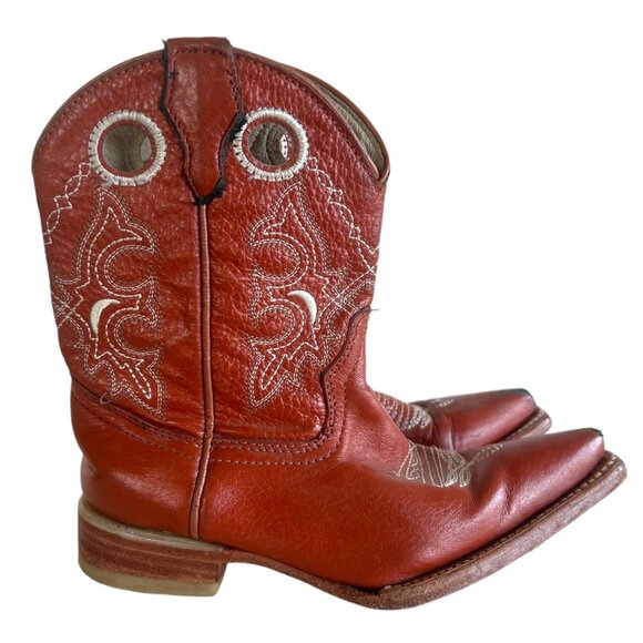 TWINSTONE BOOTS Embroidered Brown Leather Cowboy Boot Kids 17.5 US 2 Snip Toe - Picture 1 of 8